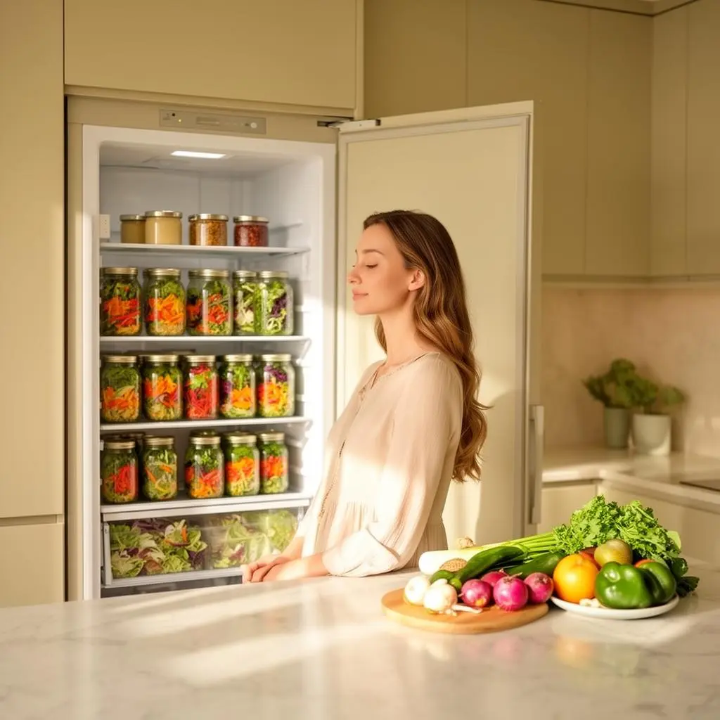 Mulher tranquila numa cozinha clara com frigorífico organizado e saladas no frasco