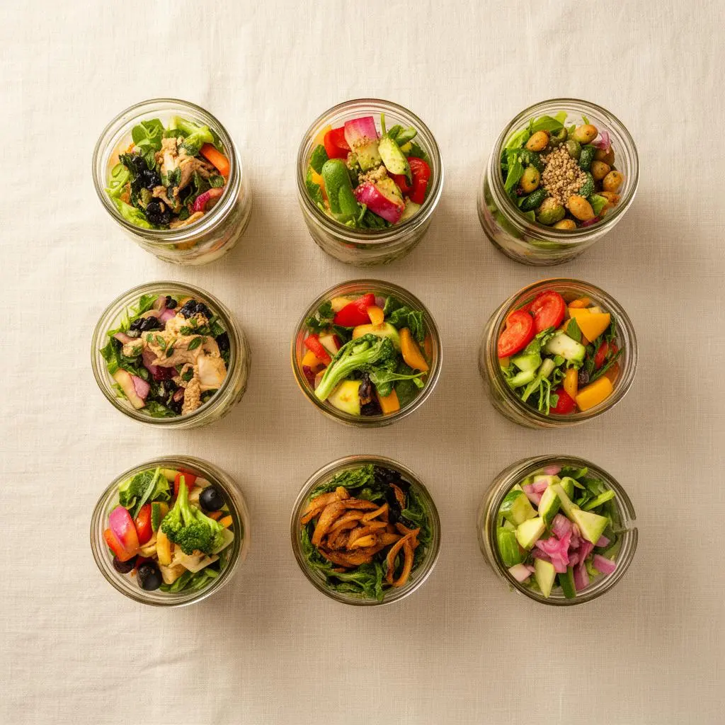Saladas no frasco frescas e organizadas